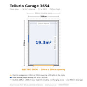 Scale floor plan of the Telluria Garage 3654, 358cm by 538cm external and 330cm by 510cm internal, showing the 240cm electric door opening, the fixed side window and the 388cm by 568cm base footprint including eaves