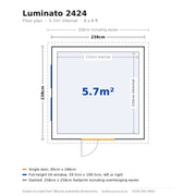 Scale floor plan of the Telluria Luminato 2424 garden room: 238cm by 238cm external, 210cm by 210cm internal, 5.7 square metres, with a single 85cm door and two full-height windows