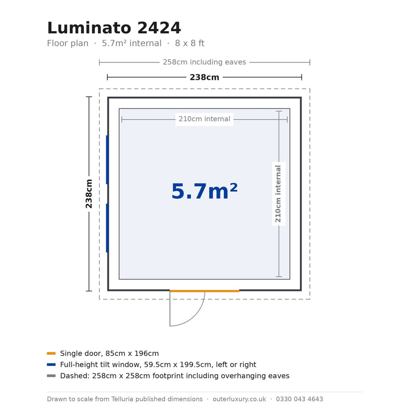 Scale floor plan of the Telluria Luminato 2424 garden room: 238cm by 238cm external, 210cm by 210cm internal, 5.7 square metres, with a single 85cm door and two full-height windows