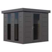 Telluria Luminato 2424 small garden room in anthracite grey, with a single glazed door and two full-height windows