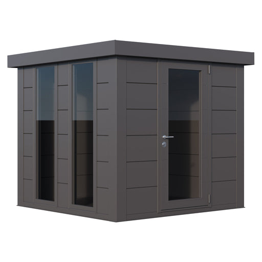 Telluria Luminato 2424 small garden room in anthracite grey, with a single glazed door and two full-height windows