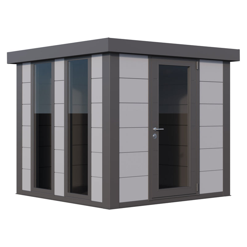 Telluria Luminato 2424 steel garden room in light grey with anthracite corners, single door and two tall windows