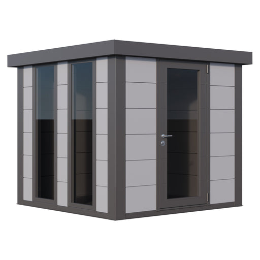 Telluria Luminato 2424 steel garden room in light grey with anthracite corners, single door and two tall windows