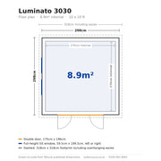 Scale floor plan of the Telluria Luminato 3030 garden room: 298cm by 298cm external, 270cm by 270cm internal, 8.9 square metres, with 175cm double doors and two full-height windows