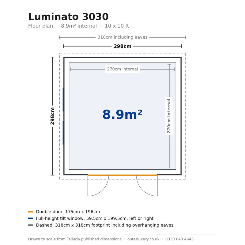 Scale floor plan of the Telluria Luminato 3030 garden room: 298cm by 298cm external, 270cm by 270cm internal, 8.9 square metres, with 175cm double doors and two full-height windows