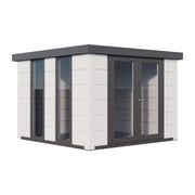 White Telluria Luminato 3030 garden room with white corner posts and anthracite roof and doors, front corner view