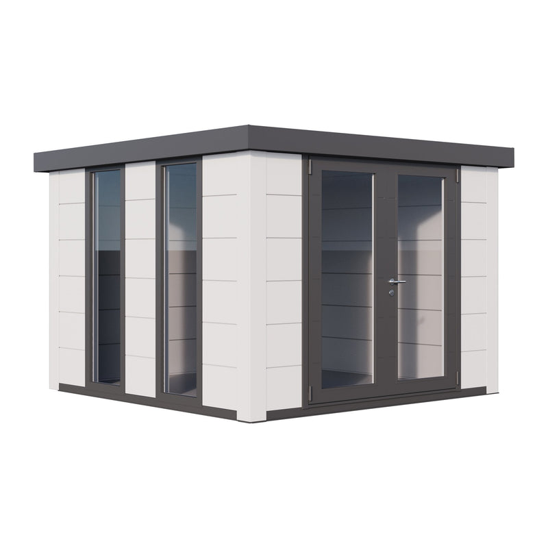 White Telluria Luminato 3030 garden room with white corner posts and anthracite roof and doors, front corner view