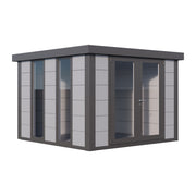 Light grey Telluria Luminato 3030 metal garden room with anthracite corners and roof, front corner view
