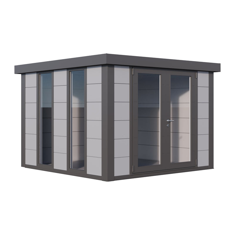 Light grey Telluria Luminato 3030 metal garden room with anthracite corners and roof, front corner view