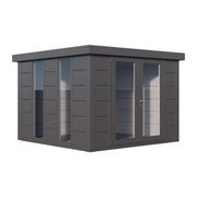 Anthracite Telluria Luminato 3030 steel garden room with two full-height windows and double glazed doors, front corner view