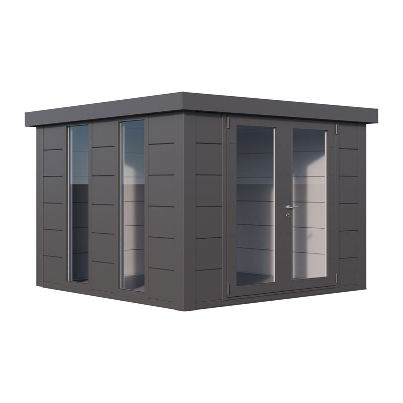 Anthracite Telluria Luminato 3030 steel garden room with two full-height windows and double glazed doors, front corner view