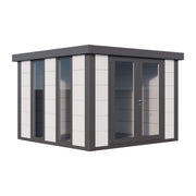 White Telluria Luminato 3030 steel garden room with anthracite corners, roof and double doors, front corner view