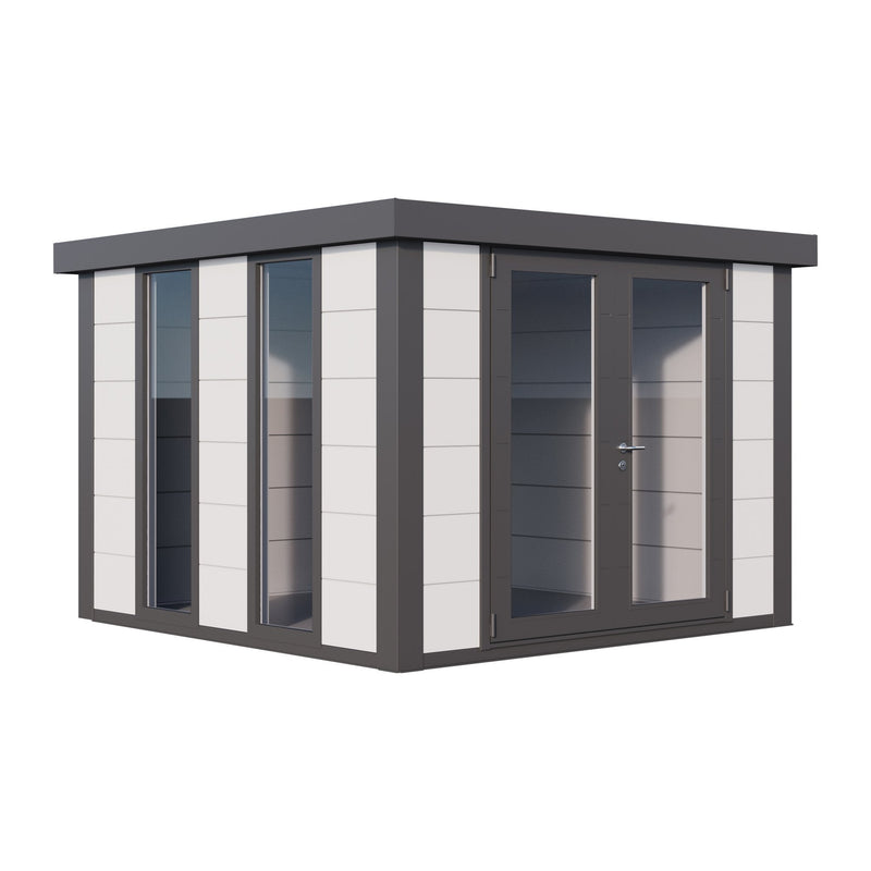 White Telluria Luminato 3030 steel garden room with anthracite corners, roof and double doors, front corner view