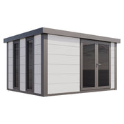 Telluria Luminato 3930 steel garden room in white with anthracite corners, showing the long glazed elevation