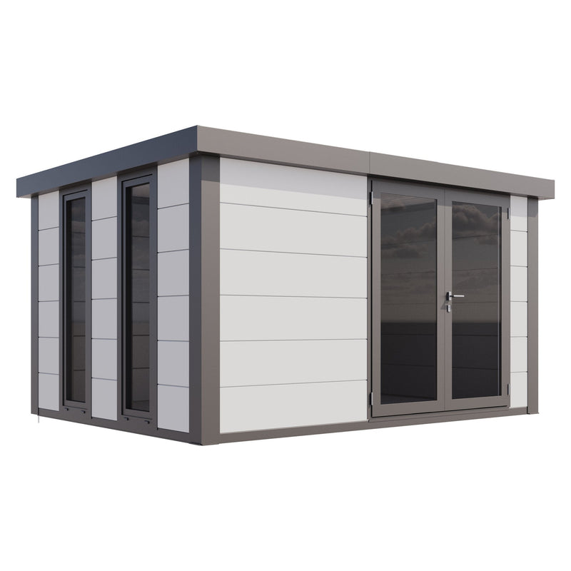 Telluria Luminato 3930 steel garden room in white with anthracite corners, showing the long glazed elevation