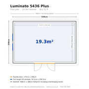Scale floor plan of the Telluria Luminato 5436 Plus garden room: 538cm by 358cm external, 510cm by 330cm internal, 19.3 square metres, with 175cm double doors and full-height windows