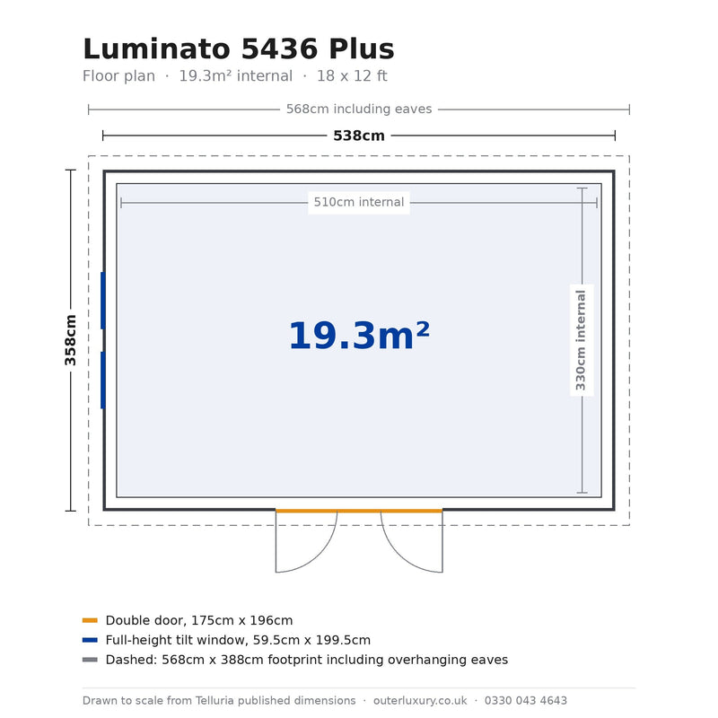 Scale floor plan of the Telluria Luminato 5436 Plus garden room: 538cm by 358cm external, 510cm by 330cm internal, 19.3 square metres, with 175cm double doors and full-height windows