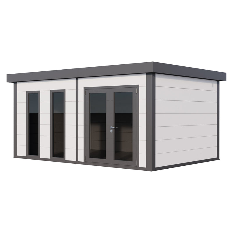 Telluria Luminato 5436 Plus steel garden room in white with anthracite corners, showing the full 5.4m elevation