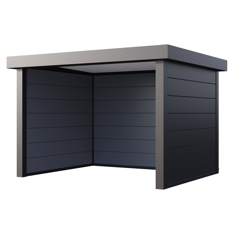 Telluria Singolo 3630 open-fronted steel garden lounge in anthracite grey, three walls and a flat roof with the front left open, 3.6m by 3m