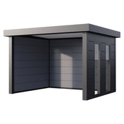 Telluria Singolo 3630 steel garden lounge in anthracite grey with fixed side windows, open across the front, 10.7 square metres of covered space
