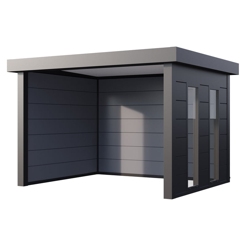 Telluria Singolo 3630 steel garden lounge in anthracite grey with fixed side windows, open across the front, 10.7 square metres of covered space