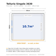 Scale floor plan of the Telluria Singolo 3630 garden lounge, 358cm by 298cm external and 330cm by 285cm internal, showing the open front, the optional side windows and the 388cm by 328cm footprint including eaves