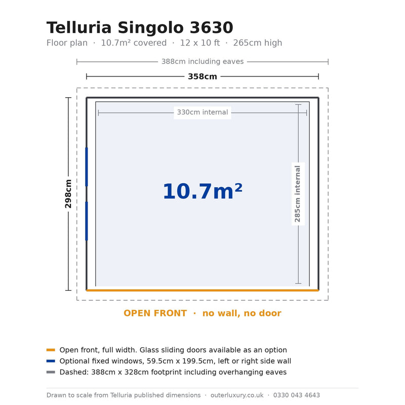 Scale floor plan of the Telluria Singolo 3630 garden lounge, 358cm by 298cm external and 330cm by 285cm internal, showing the open front, the optional side windows and the 388cm by 328cm footprint including eaves