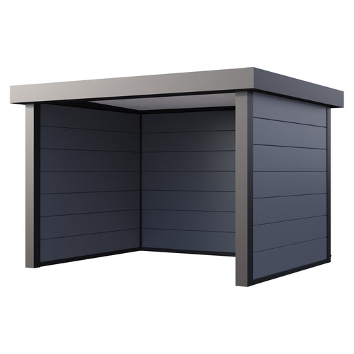 Telluria Singolo 3630 open-fronted steel garden lounge in light grey, three walls and a flat roof with the front left open, 3.6m by 3m