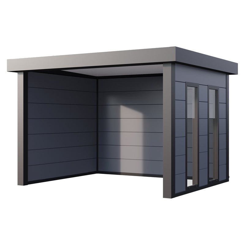 Telluria Singolo 3630 steel garden lounge in light grey with fixed side windows, open across the front, 10.7 square metres of covered space