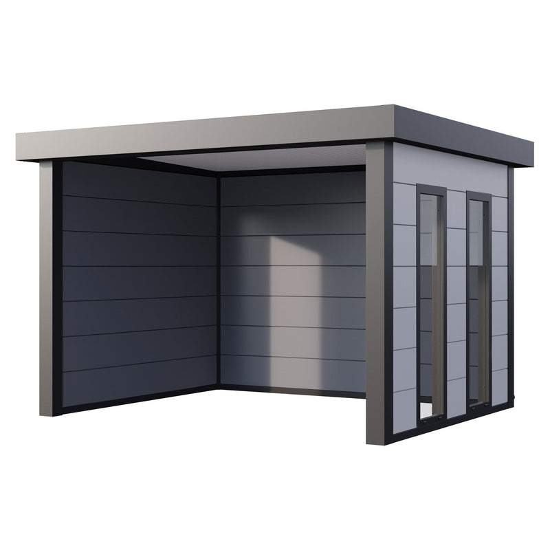 Telluria Singolo 3630 steel garden lounge in white with fixed side windows, open across the front, 10.7 square metres of covered space