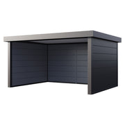 Telluria Singolo 4836 open-fronted steel garden lounge in anthracite grey, three walls and a flat roof with the front left open, 4.8m by 3.6m