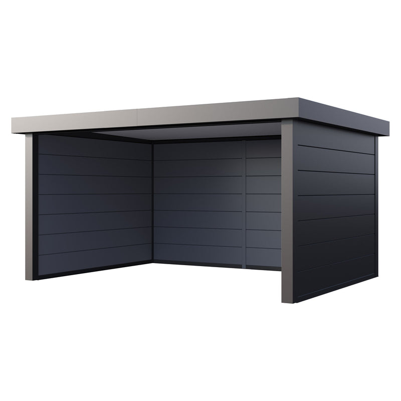 Telluria Singolo 4836 open-fronted steel garden lounge in anthracite grey, three walls and a flat roof with the front left open, 4.8m by 3.6m