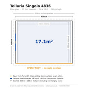 Scale floor plan of the Telluria Singolo 4836 garden lounge, 478cm by 358cm external and 450cm by 345cm internal, showing the open front, the optional side windows and the 508cm by 388cm footprint including eaves