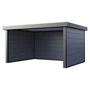 Telluria Singolo 4836 open-fronted steel garden lounge in light grey, three walls and a flat roof with the front left open, 4.8m by 3.6m