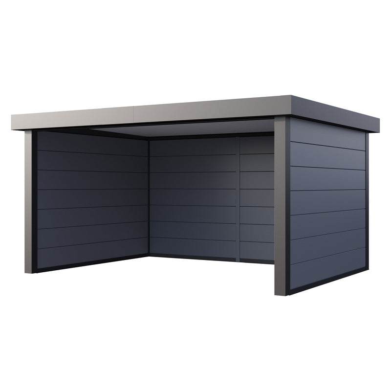 Telluria Singolo 4836 open-fronted steel garden lounge in light grey, three walls and a flat roof with the front left open, 4.8m by 3.6m