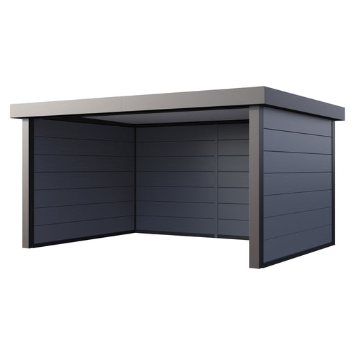 Telluria Singolo 4836 open-fronted steel garden lounge in light grey, three walls and a flat roof with the front left open, 4.8m by 3.6m