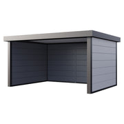 Telluria Singolo 4836 open-fronted steel garden lounge in white, three walls and a flat roof with the front left open, 4.8m by 3.6m