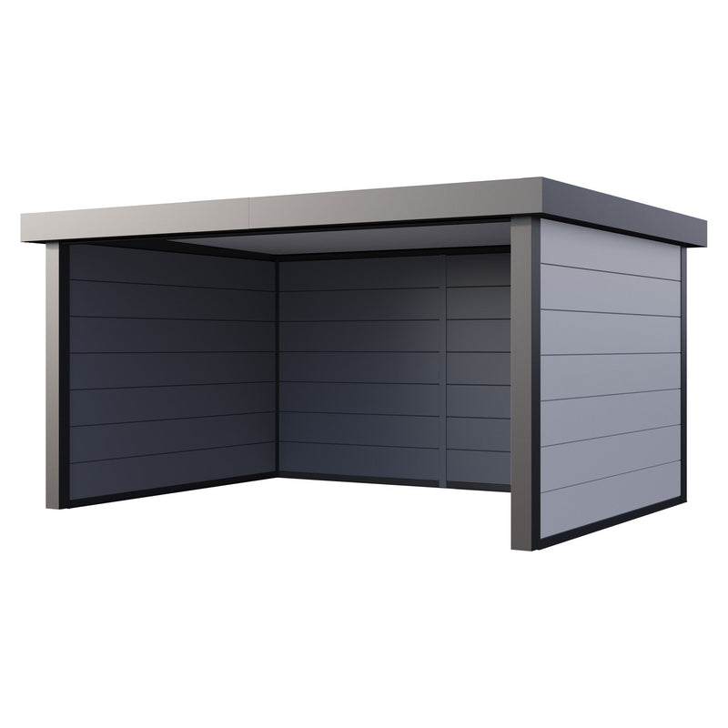 Telluria Singolo 4836 open-fronted steel garden lounge in white, three walls and a flat roof with the front left open, 4.8m by 3.6m