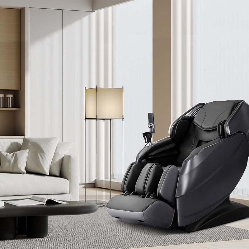 VComfort Primus 4D Pro i-Open Flex SL Track massage chair in black, angled view